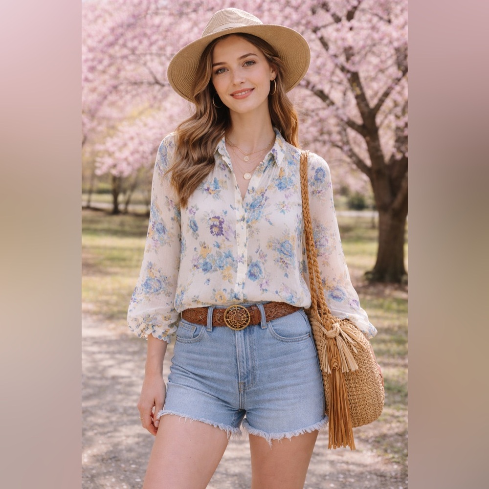 Free People Hold On To Me Printed Blouse Spring Floral Feminine Ivory Combo